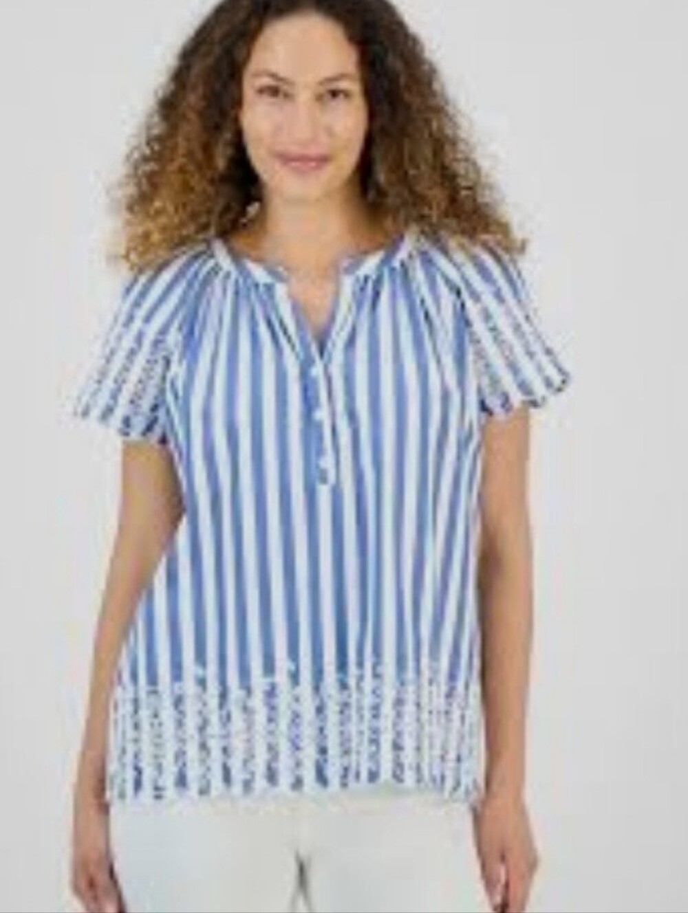 Blue & White Striped Cotton Eyelet Flutter-Sleeve Top size M